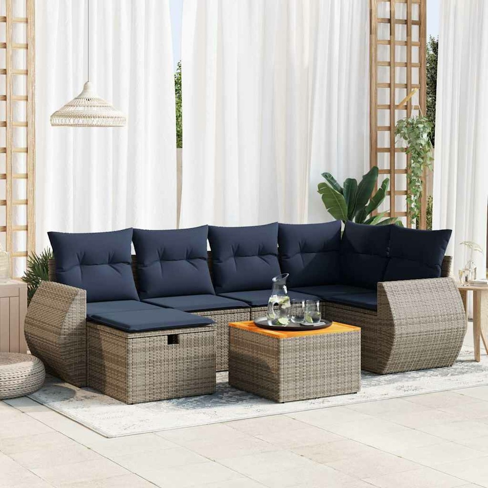Salon de jardin avec coussins 7 pcs gris résine tressée
