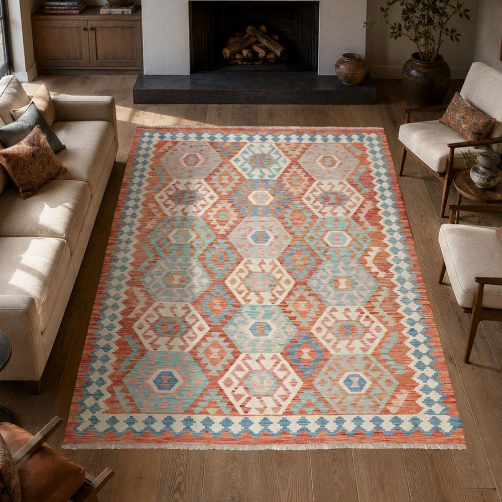 Tapis kilim 177 x 242 cm, multicolore, bleu et rouge, géométrique en laine, kilim 102