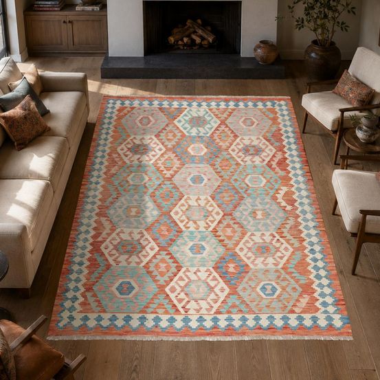 Tapis kilim 177 x 242 cm, multicolore, bleu et rouge, géométrique en laine, kilim 102