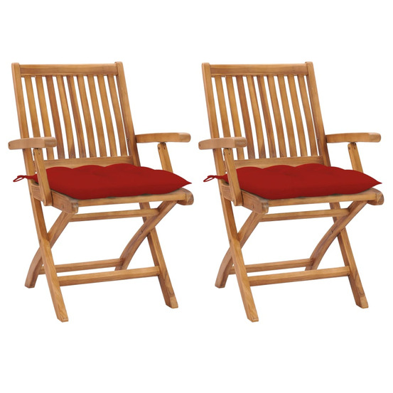 Chaises de jardin lot de 2 et coussins rouge bois teck massif