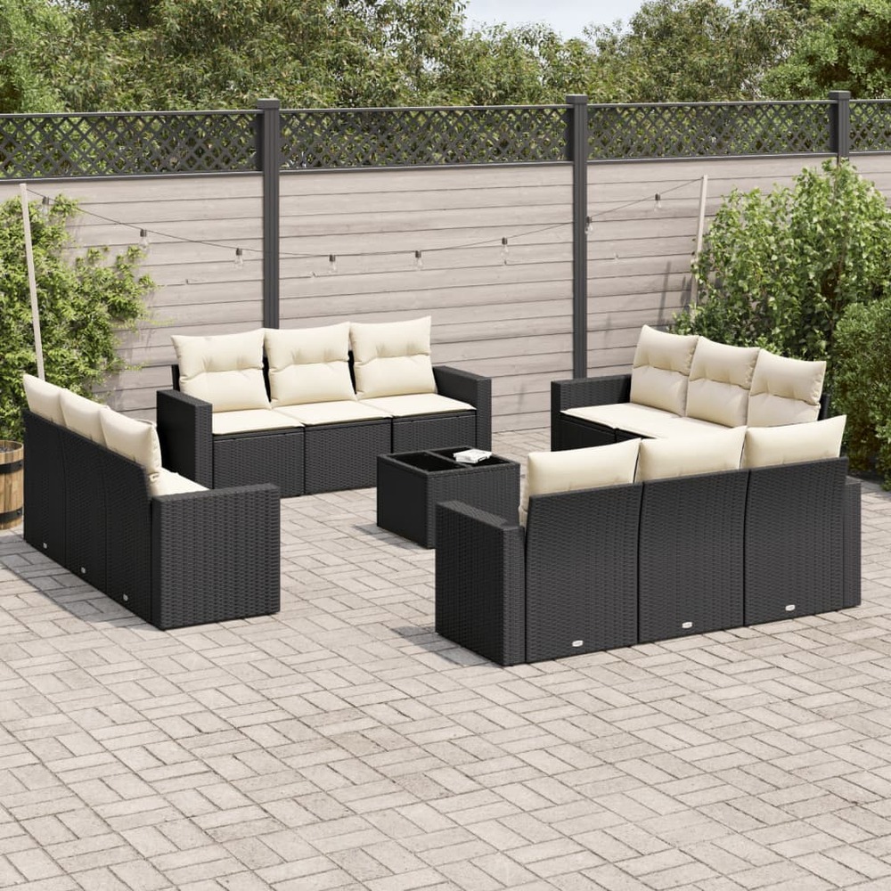 Salon de jardin avec coussins 13 pcs noir résine tressée