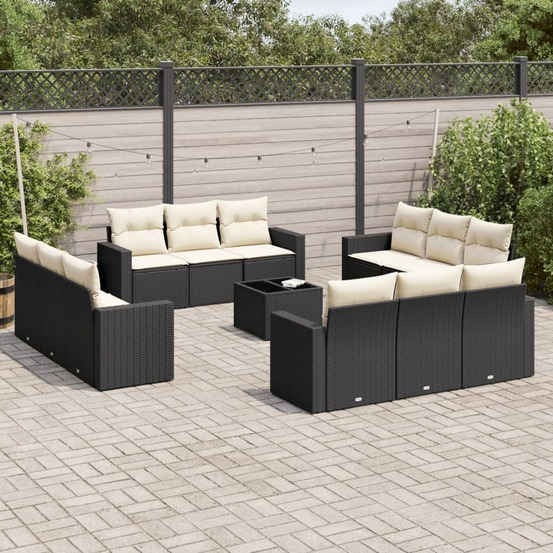 Salon de jardin avec coussins 13 pcs noir résine tressée