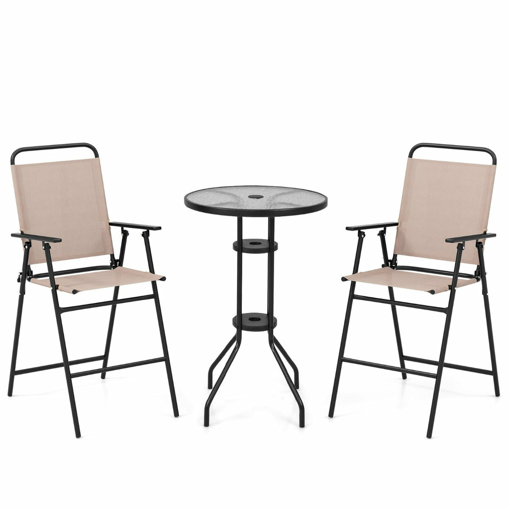 3pcs salon de jardin 2 chaises de jardin pliantes table basse ronde en verre trempé bistro terrasse piscine beige