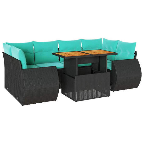 Salon de jardin 7 pcs avec coussins noir résine tressée