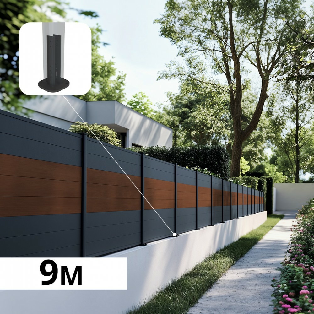 Kit clôture aluminium sur muret poteau sur platines - bahia & cruz ipé h-1,2m