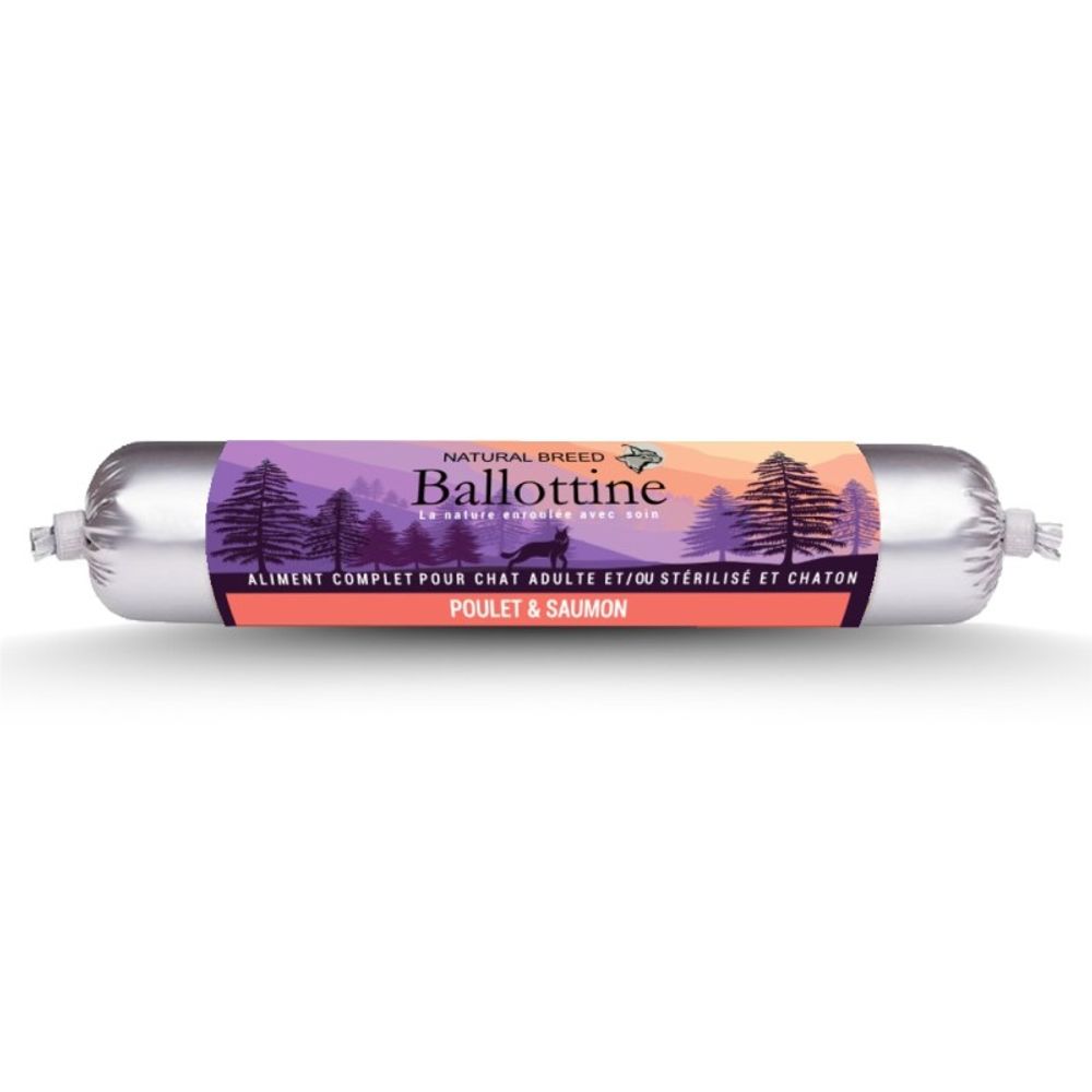 Ballottine fraîche au saumon – saucisse naturelle, repas humide complet pour chat et chaton – 12 x 100 g