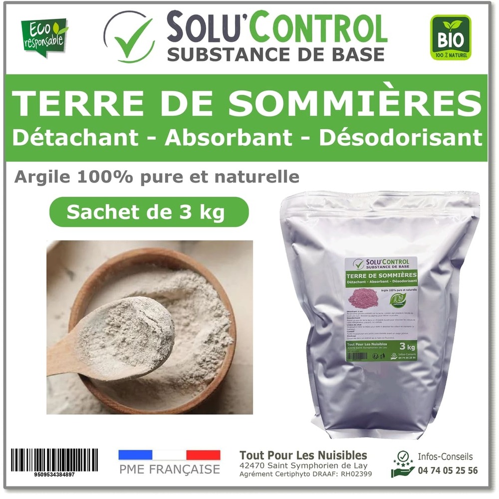 Terre de Sommières 3 kg - Détachant Naturel et Absorbant - Élimine les Odeurs d'Urine, Litière de Chat, Tapis, Cendriers