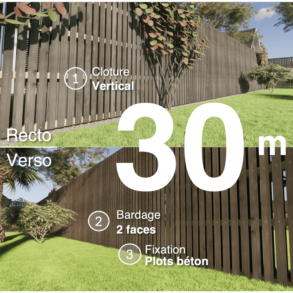 Kit clôture bois moderne 30m – h 2,3m – 20 x 70 mm noir par trempage – pose vertical – double face – à sceller