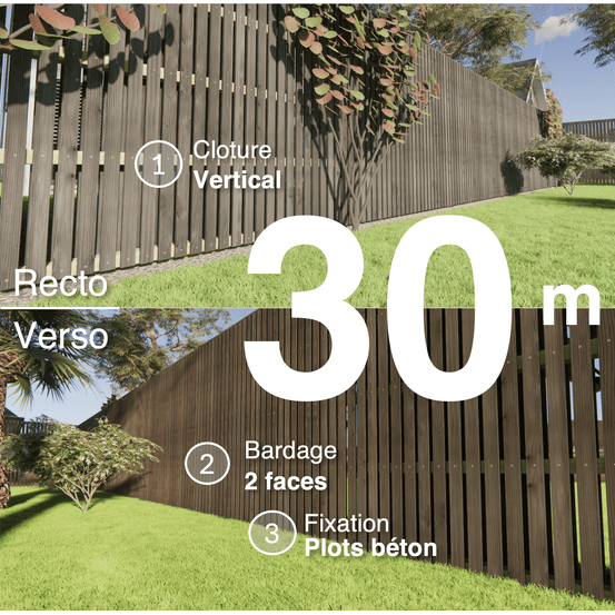 Kit clôture bois moderne 30m – h 2,3m – 20 x 70 mm noir par trempage – pose vertical – double face – à sceller