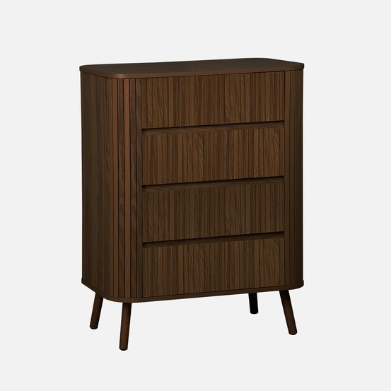Commode 4 tiroirs, décor bois strié, l 80 x p 45 h 100cm