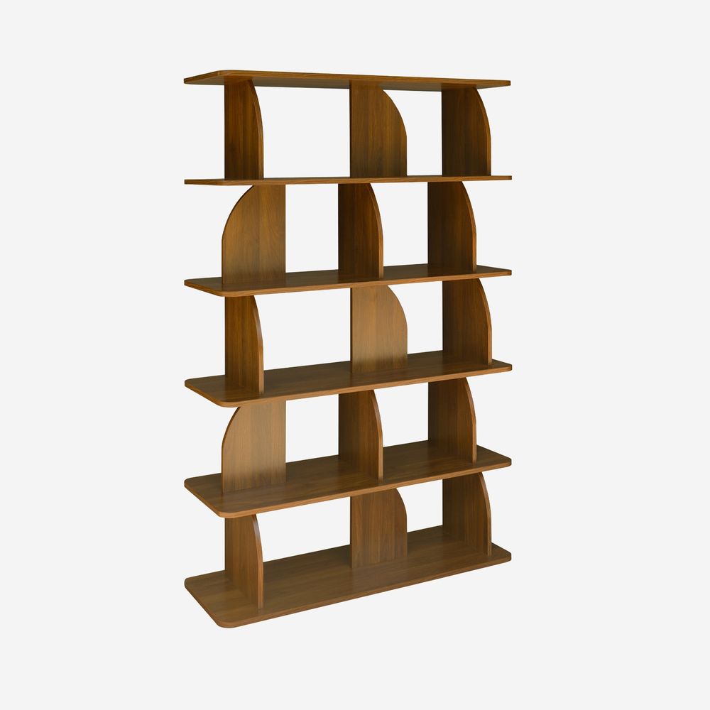 Etagère, bibliothèque exotique décor bois 5 niveaux, séparateurs courbés - alva