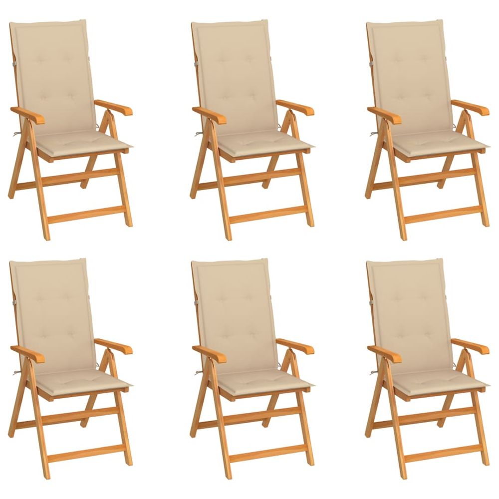 Ensemble de 6 chaises pliantes en teck massif avec coussins beiges