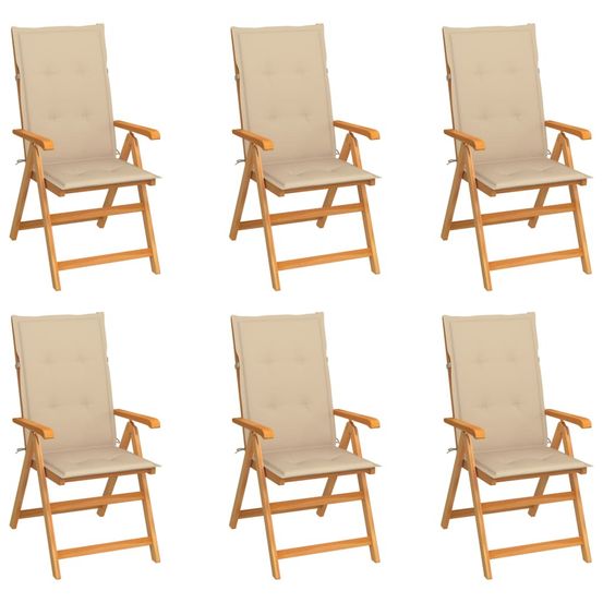 Ensemble de 6 chaises pliantes en teck massif avec coussins beiges