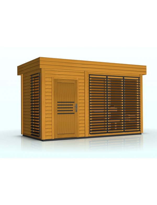 Cabine de sauna chêne naturel extérieur azalea 8 places 438x203,8 x h.259 cm