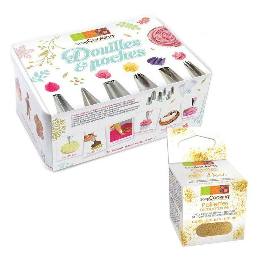 Coffret à pâtisserie 6 douilles inox et poches jetables + paillettes dorées