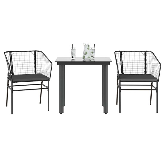 Ensemble à manger de jardin et coussins 3 pcs noir rotin verre
