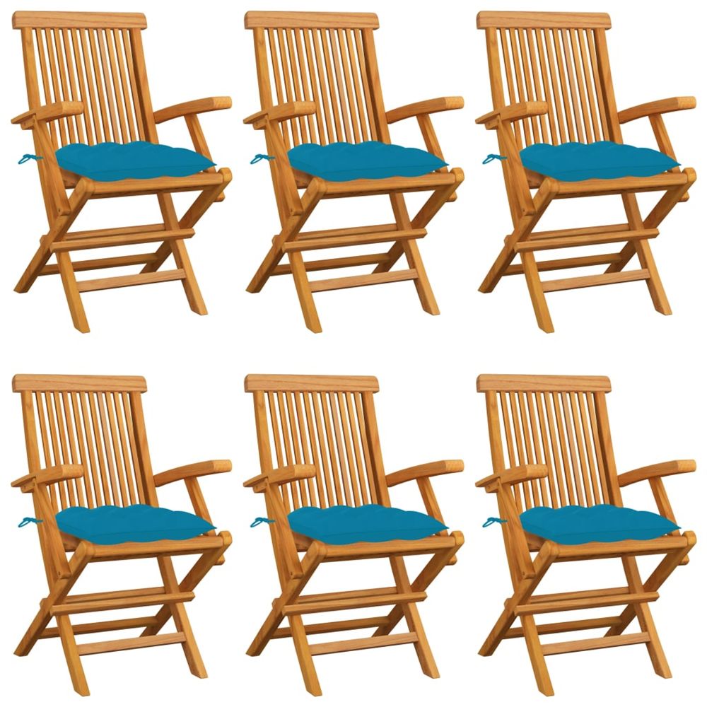 Chaises pliantes avec coussins bleu clair, 6 pièces, en teck massif