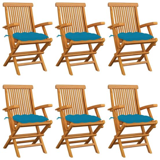 Chaises pliantes avec coussins bleu clair, 6 pièces, en teck massif