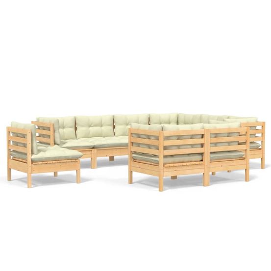 Salon de jardin 9 pcs avec coussins crème bois de pin massif