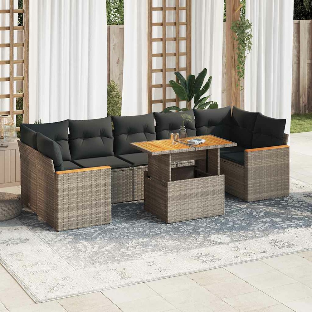 Salon de jardin avec coussins 8 pcs gris résine tressée acacia