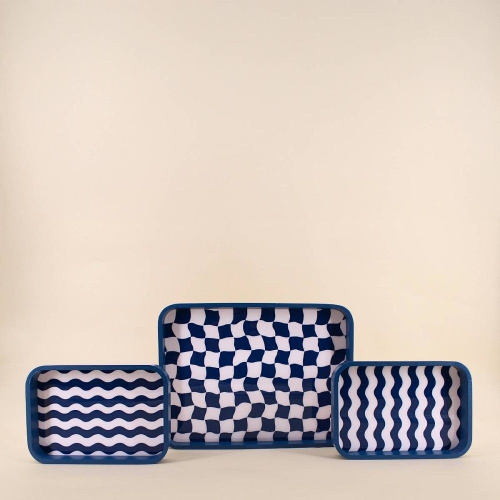 Set de 3 plateaux damiers et rayures bleu et blanc