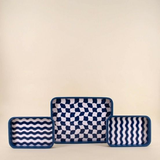 Set de 3 plateaux damiers et rayures bleu et blanc