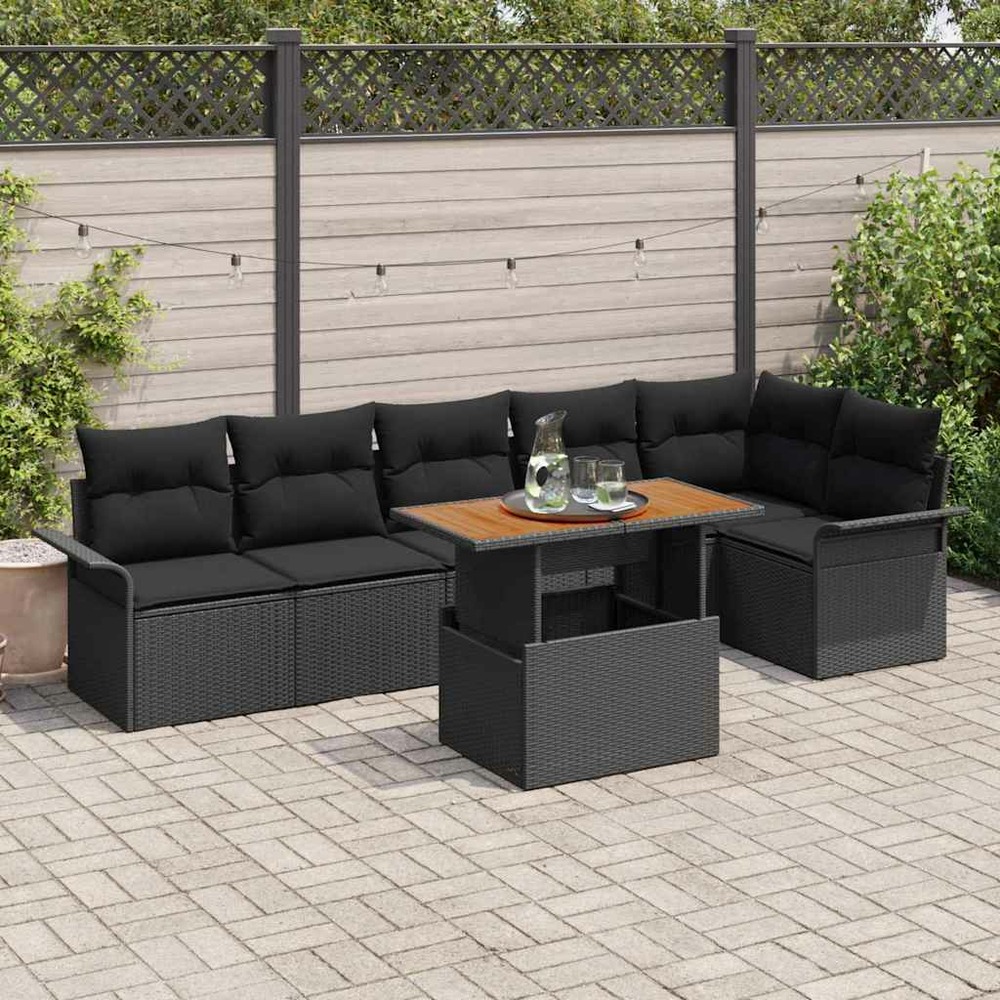 Ensemble de canapé de jardin 7 pcs noir poly rotin