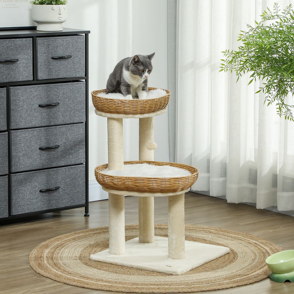Arbre à chat arbre à grimper hauteur de 75,5 cm avec deux lits pour chat en rotin griffoirs coussins lavables beige