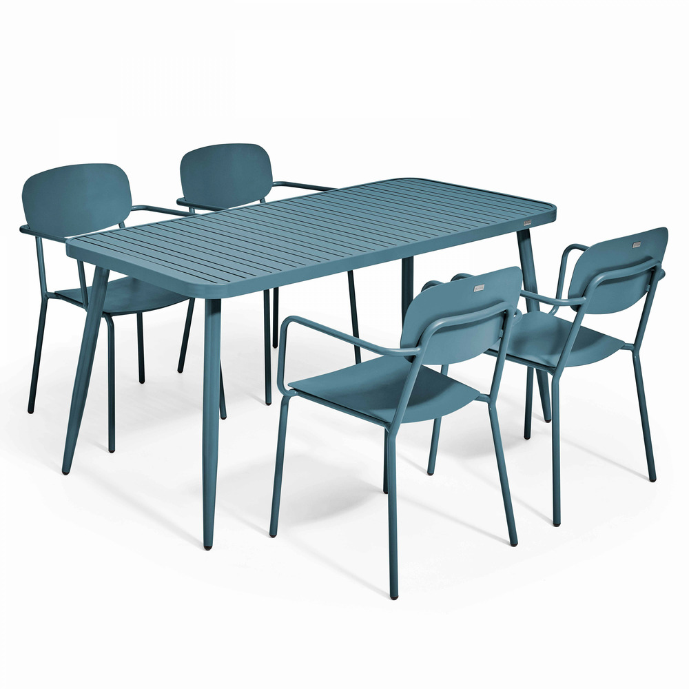 Ensemble table de jardin et 4 fauteuils en aluminium bleu canard
