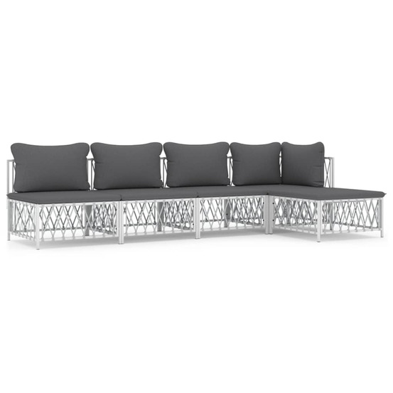 Salon de jardin avec coussins 5 pcs blanc acier