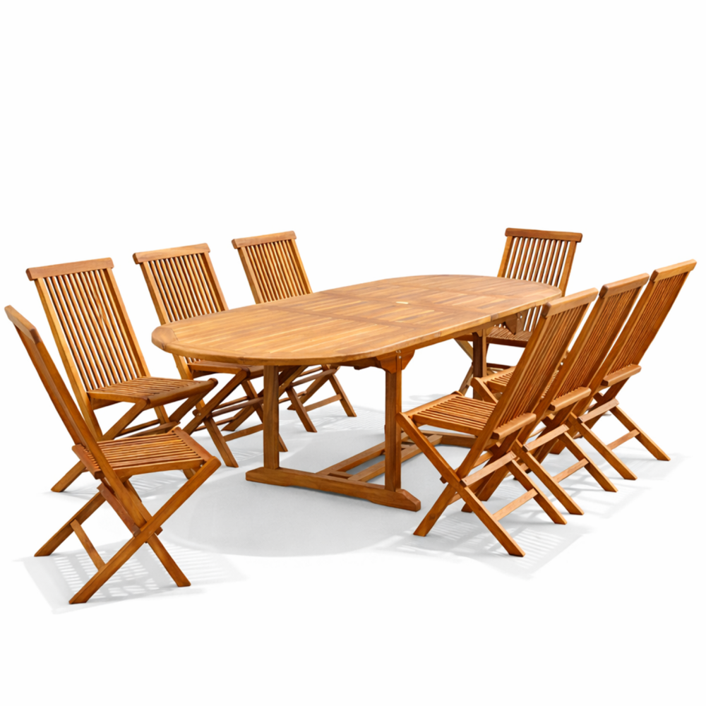 Table de jardin ovale 10 places et 10 chaises en teck huilé lubok