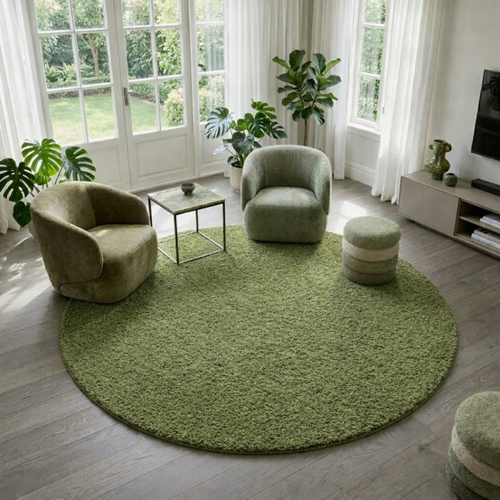 Tapis rond poils longs shaggy ø80cm tissé vert motif uni uni l