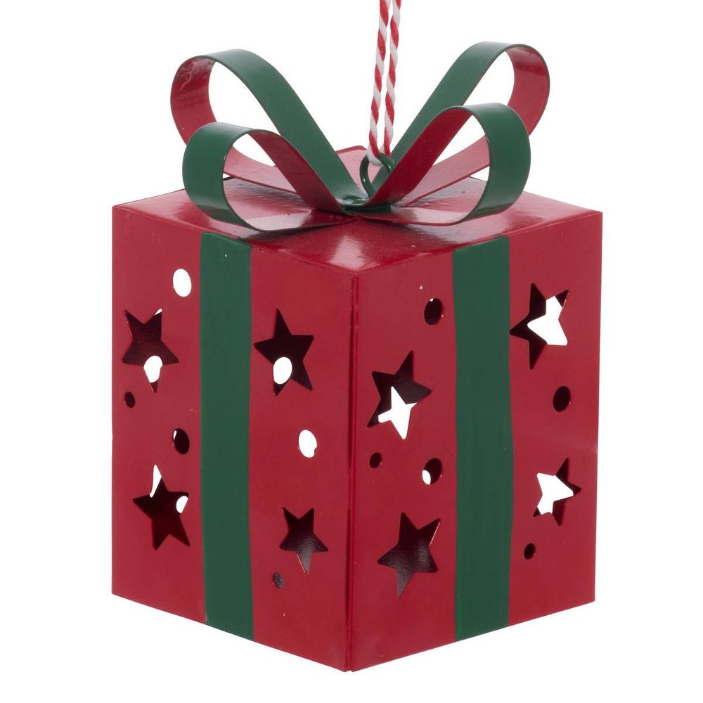 Suspension de sapin cadeau et étoile en métal 8 cm