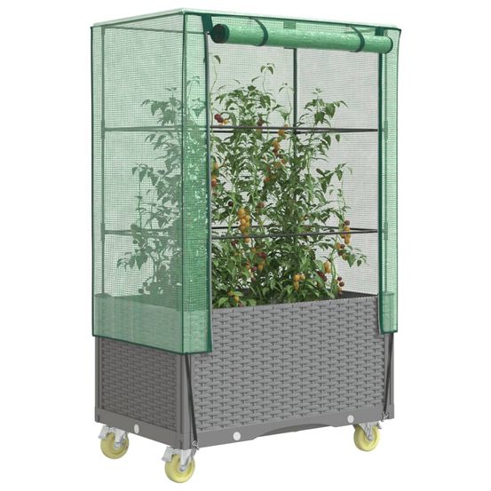 Jardinière mobile à roulettes aspect rotin avec serre de culture incluse gris