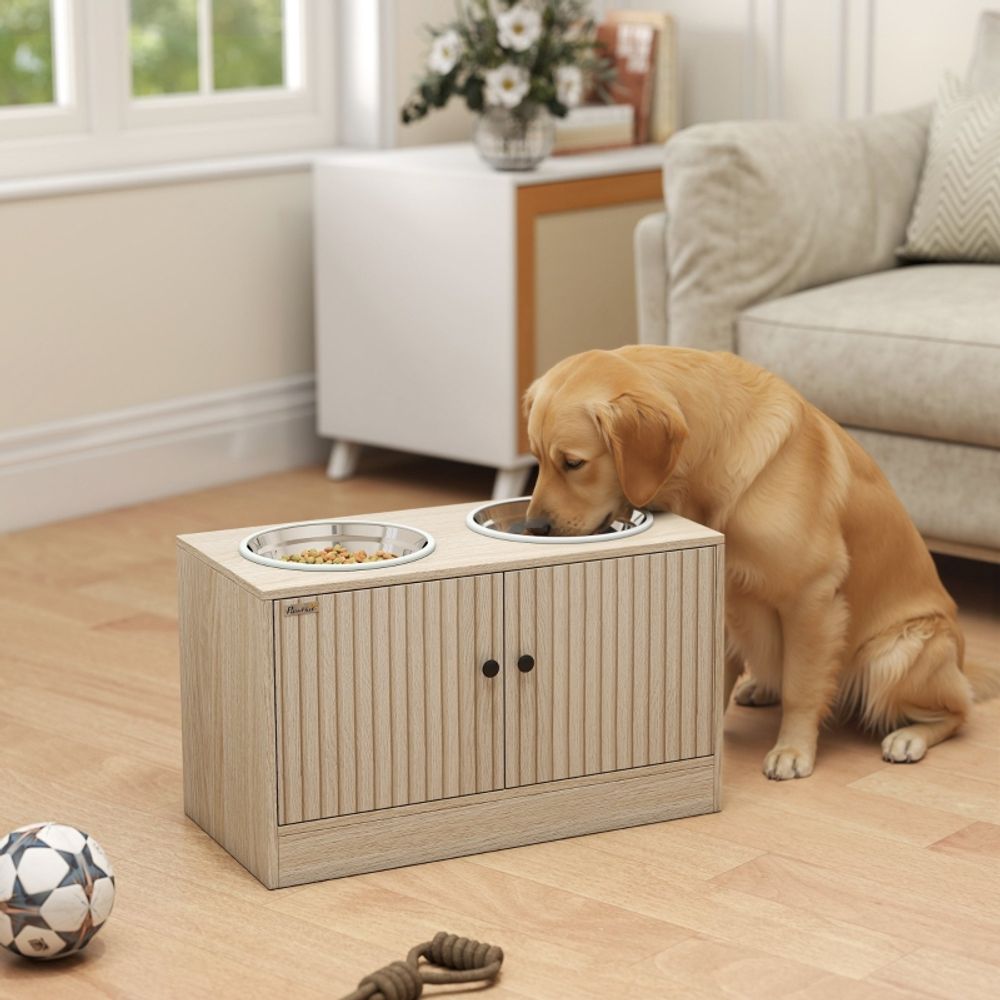 Station d'alimentation surélevée en bois grands chiens avec rangement 60cm chêne - comfortxl outdoor living