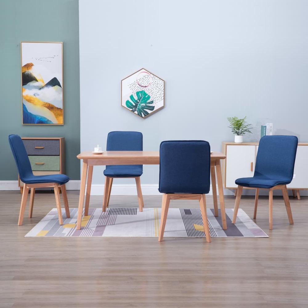 Chaises de salle à manger 4 pcs bleu tissu et chêne massif