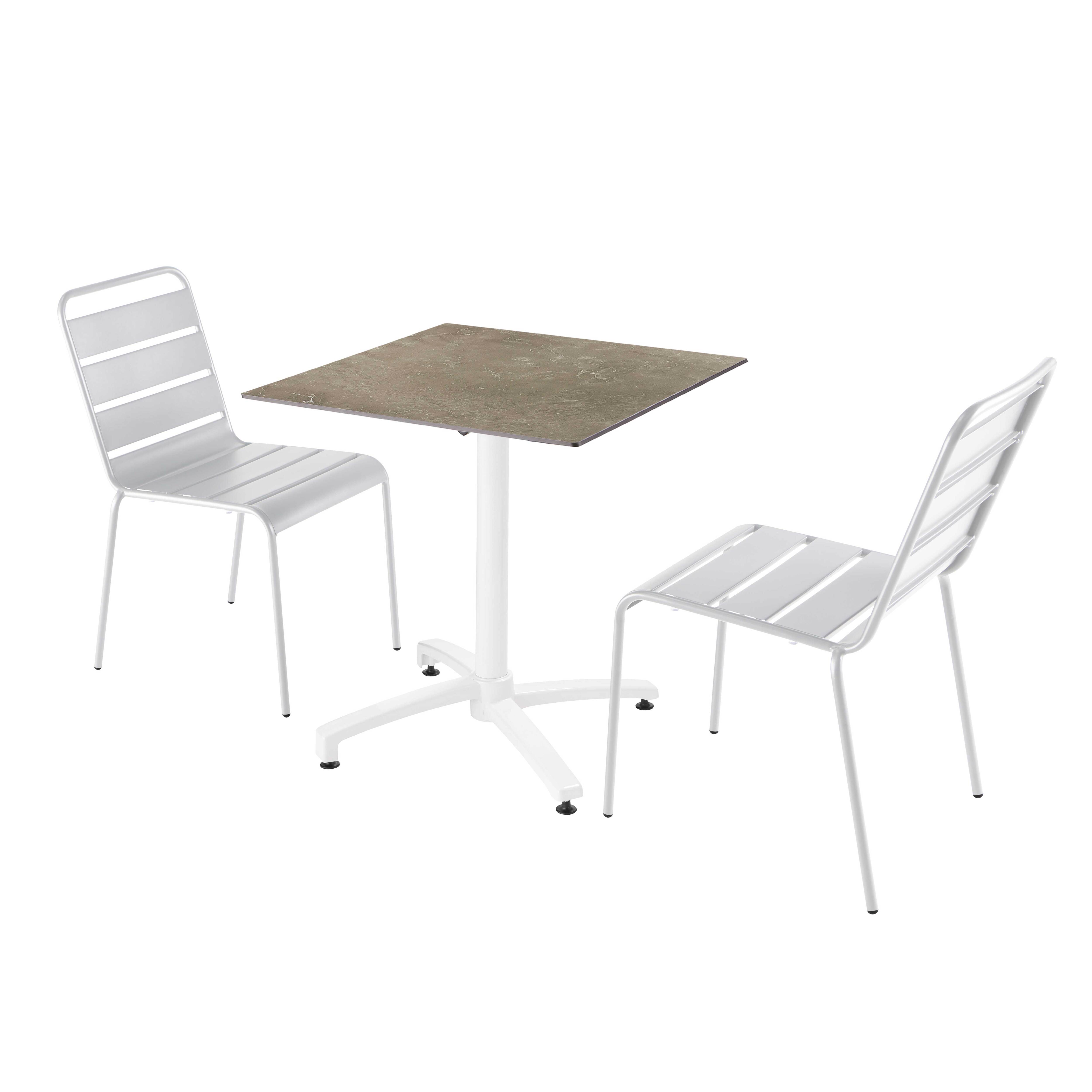 Ensemble table de terrasse stratifié marbre beige et 2 chaises blanc