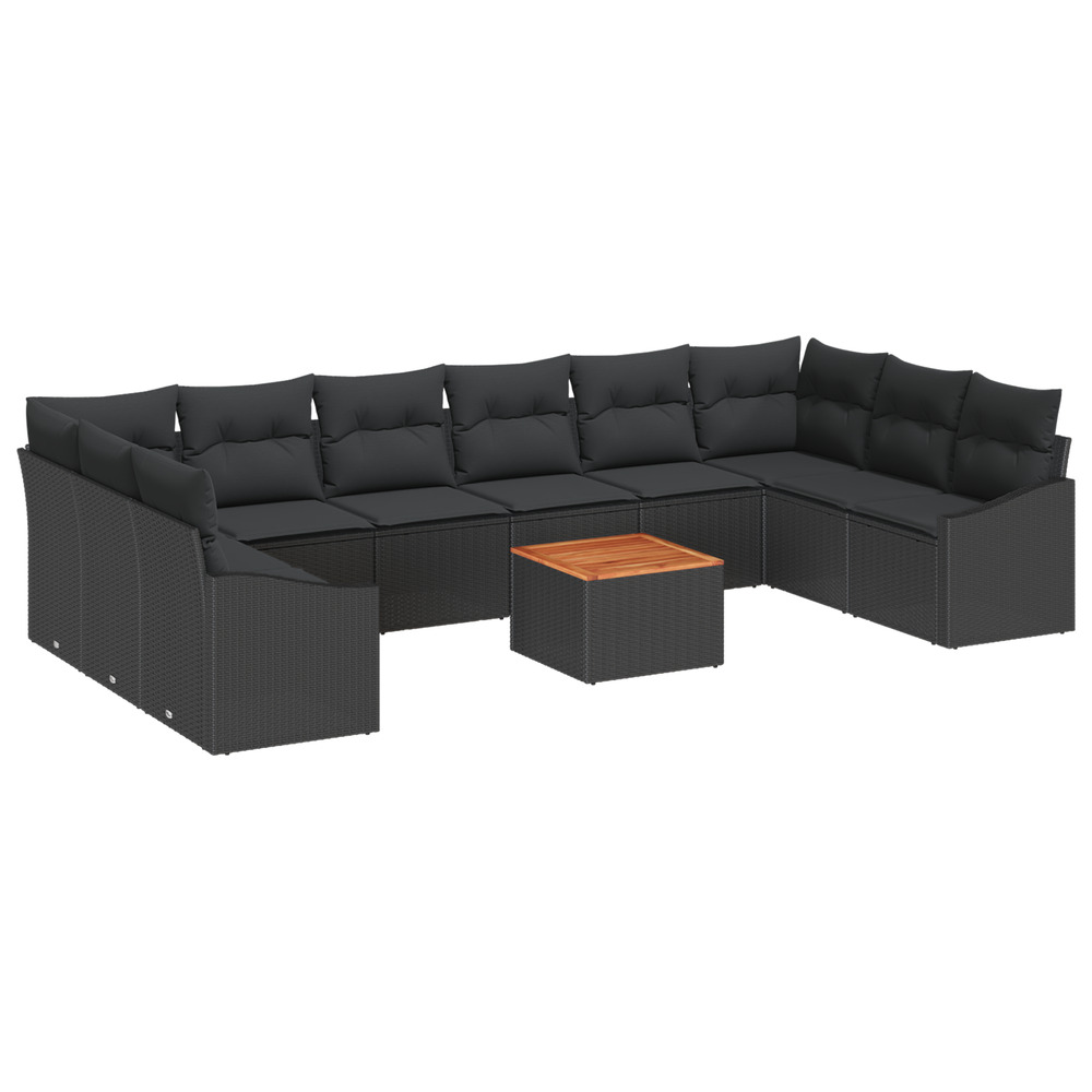 Ensemble de canapé de jardin 11 pièces avec coussins, rattan poly noir et acacia