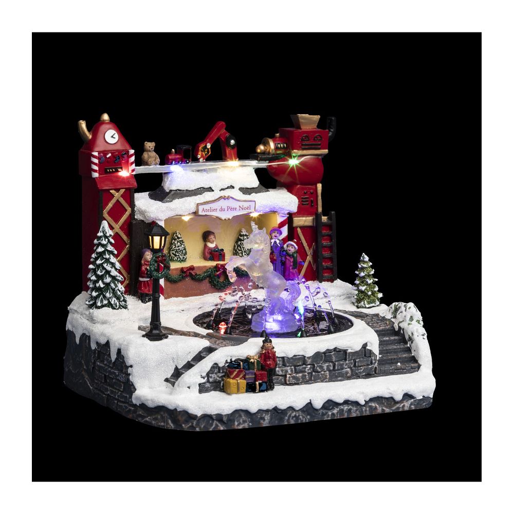 Village de noël lumineux atelier du père noël avec fontaine à eau