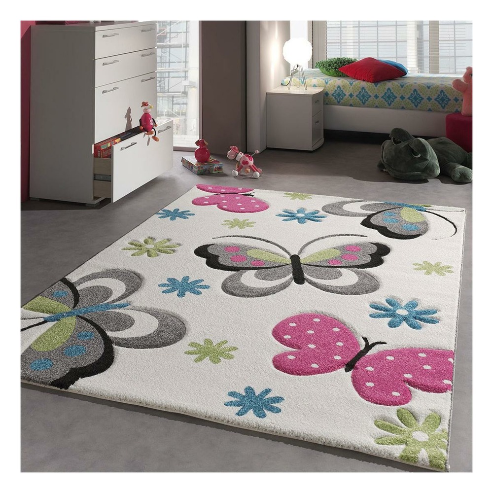 Tapis chambre 240x340 tissé crème rectangle motif animaux buterfly