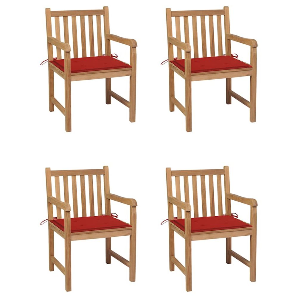 Chaises de jardin lot de 4 et coussins rouge bois teck solide