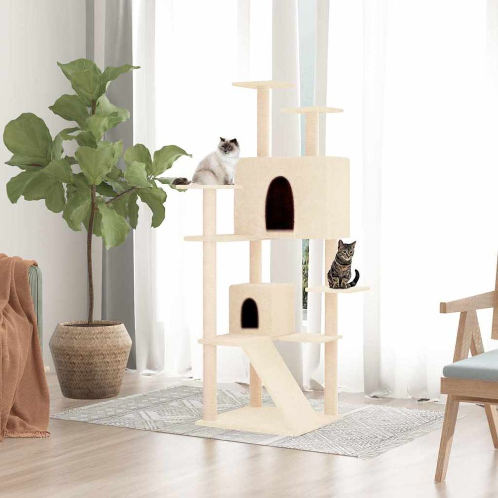 Arbre à chat double niche sisal échelle crème 153cm pour chat design cosy
