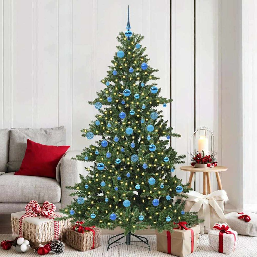 Arbre de noël artificiel vert 180 cm tout-en-un, prêt à décorer avec 120 boules et 300 led