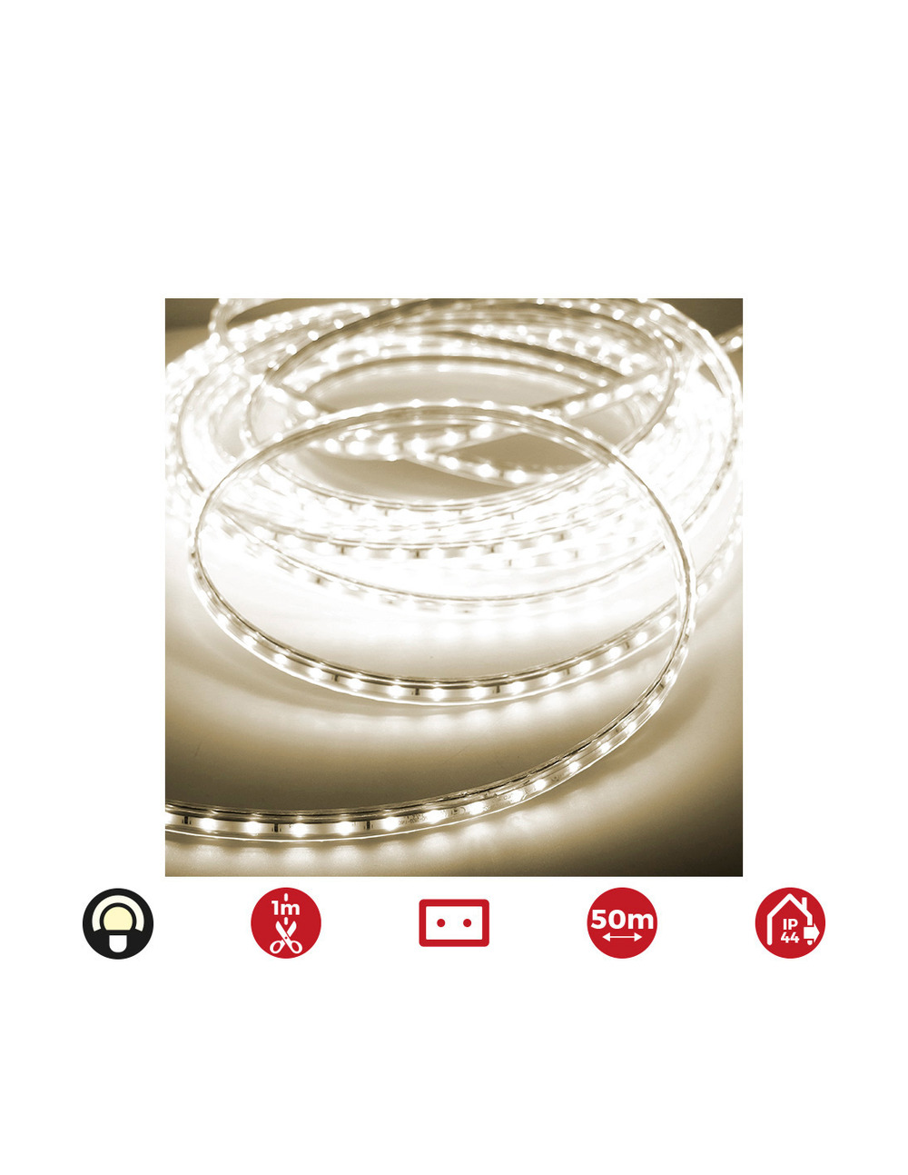 Bobine ruban led 50m. 60 leds/m 4,2w/m blanc chaud 3.200k edm 220v-240v (usage intériur extérieur) ip44