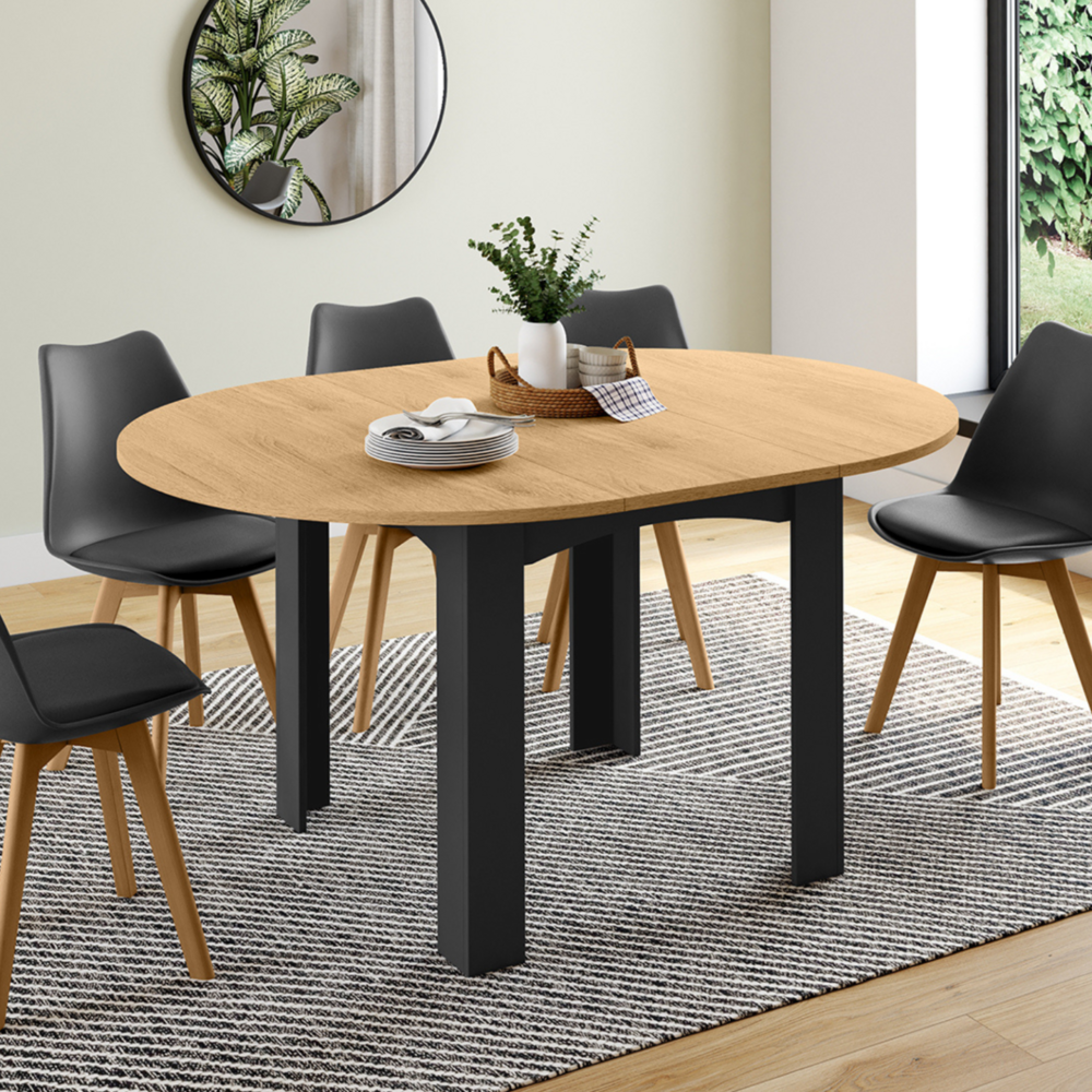 Table à manger extensible ronde dona 4-8 personnes noire plateau façon hêtre 110-150 cm