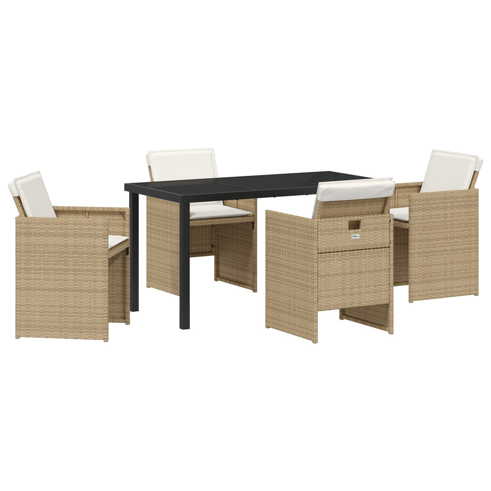 Ensemble de repas de jardin 5 pièces avec coussins beige en poly rattan