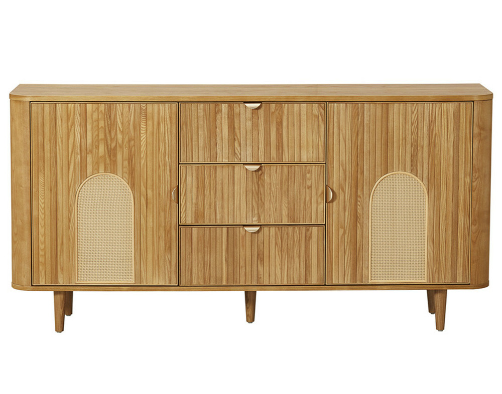 Milazzo - buffet bas - bois plaqué chêne et cannage - 3 tiroirs et 2 portes - 160 cm