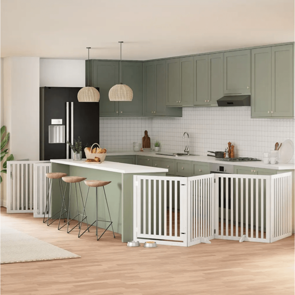 Barrière de sécurité chien modulable 10 panneaux 8m bois blanc h90cm