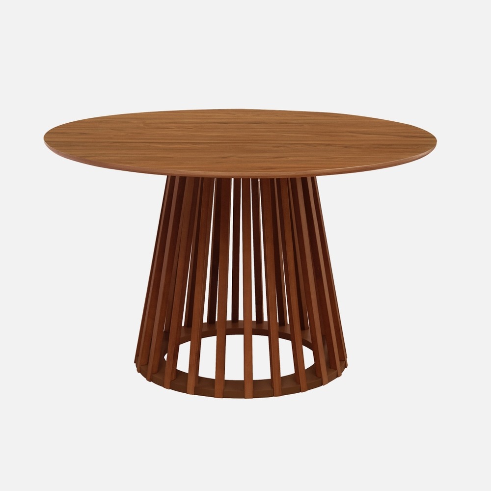 Table à manger effet bois noyer. Pieds bois de sapin 4 places ø120cm