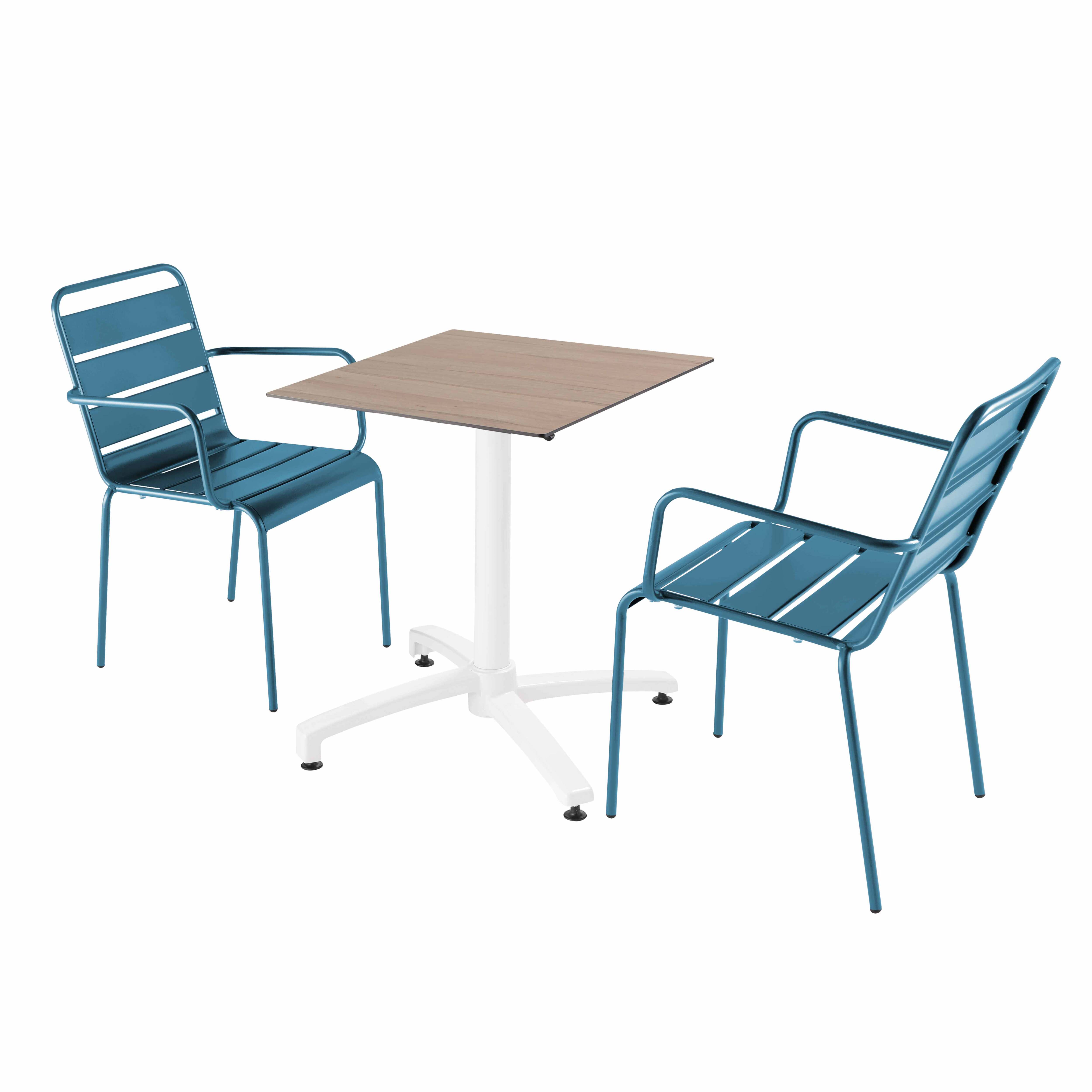 Ensemble table de terrasse stratifié chêne et 2 fauteuils bleu pacific